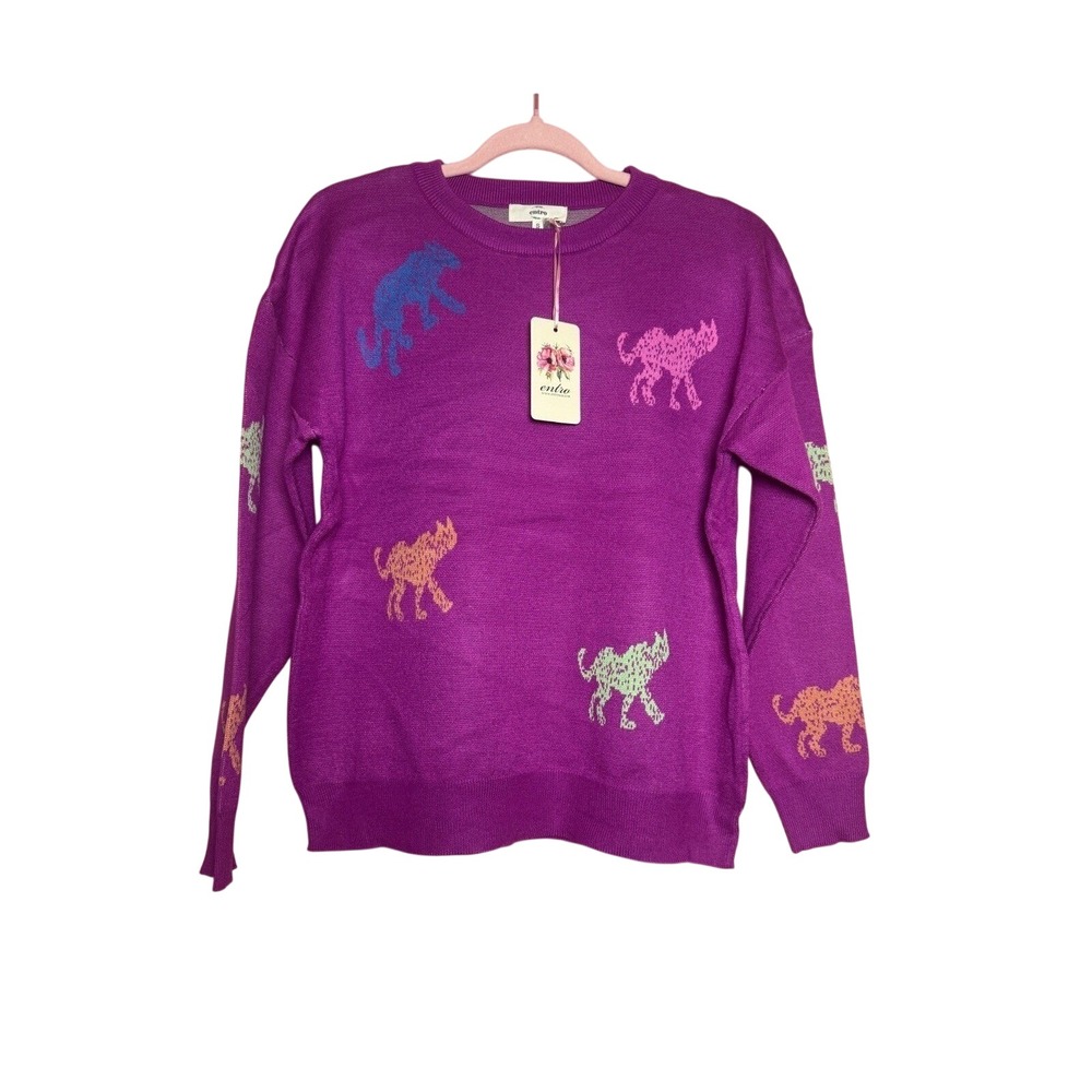 Entro Women Purple Cat Intarsia Whimsical Knit Crewneck Sweater T21074 NWT Small